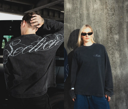 AGED SCRIPT STITCHED LONGSLEEVE (WASHED BLACK)