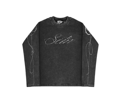 AGED SCRIPT STITCHED LONGSLEEVE (WASHED BLACK)