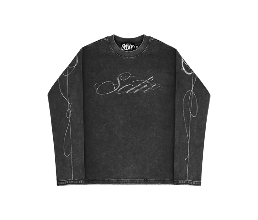 AGED SCRIPT STITCHED LONGSLEEVE (WASHED BLACK)